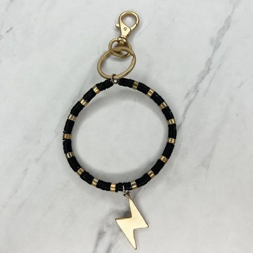 Gold Tone and Black Beaded Bracelet Lightning Charm Keychain Keyring